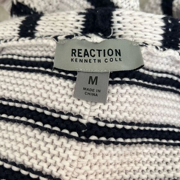 Reaction Kenneth Cole Sweater Black White Stripe Button Front Pockets 💯% Cotton - Picture 7 of 10